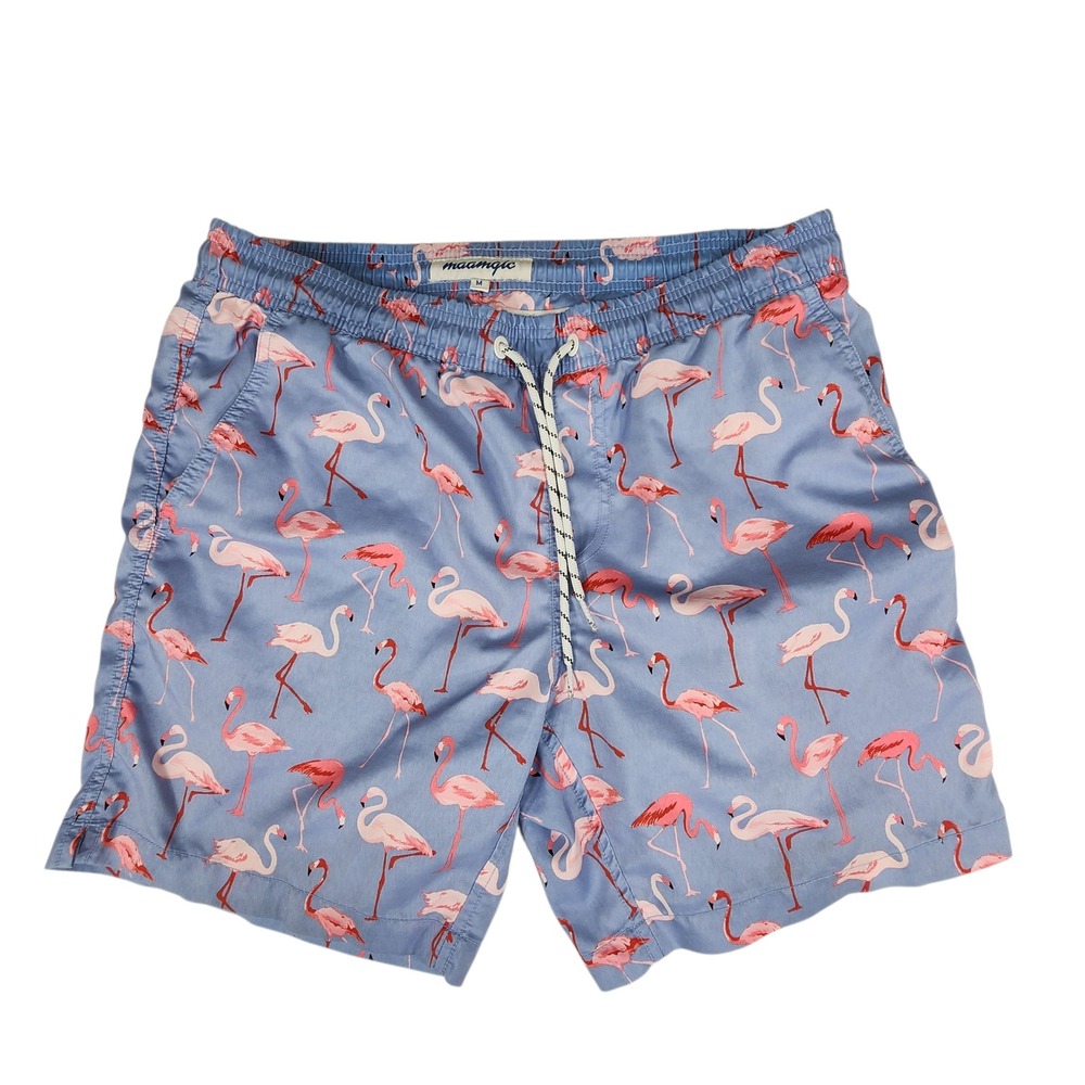 Maamgic Swim Trunks sz M Men Pink Flamingos Tropical Blue Pink 33x6.5 Resortwear
